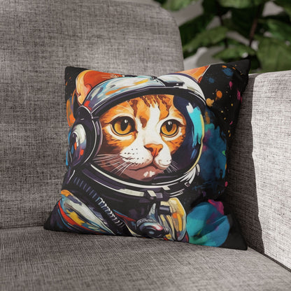 Astro Cat Adventure Feline - Pop Art, Floating in Cosmic Space - Spun Polyester Square Pillow Case