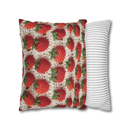 Strawberry Traditional Japanese, Crochet Craft, Fruit Design, Red Berry Pattern - Spun Polyester Square Pillow Case