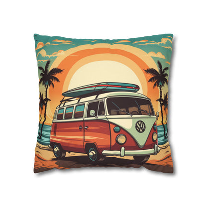 Retro Beach Camper Van - Sunset Surfboard Scene Spun Polyester Square Pillow Case