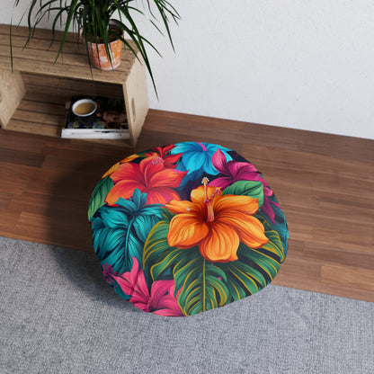 Hawaiian-Inspired Tropical Floral Pattern Design Tufted Floor Pillow, Round