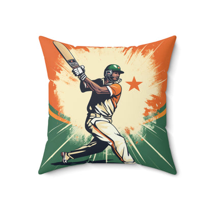 India Cricket Star: Batsman With Willow Bat, National Flag Style - Sport Game - Spun Polyester Square Pillow