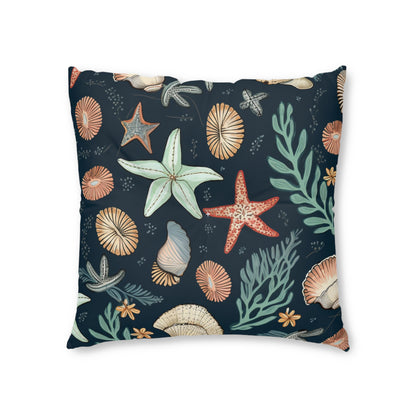 Seashells & Starfish Marine-Inspired Pattern Tufted Floor Pillow, Square