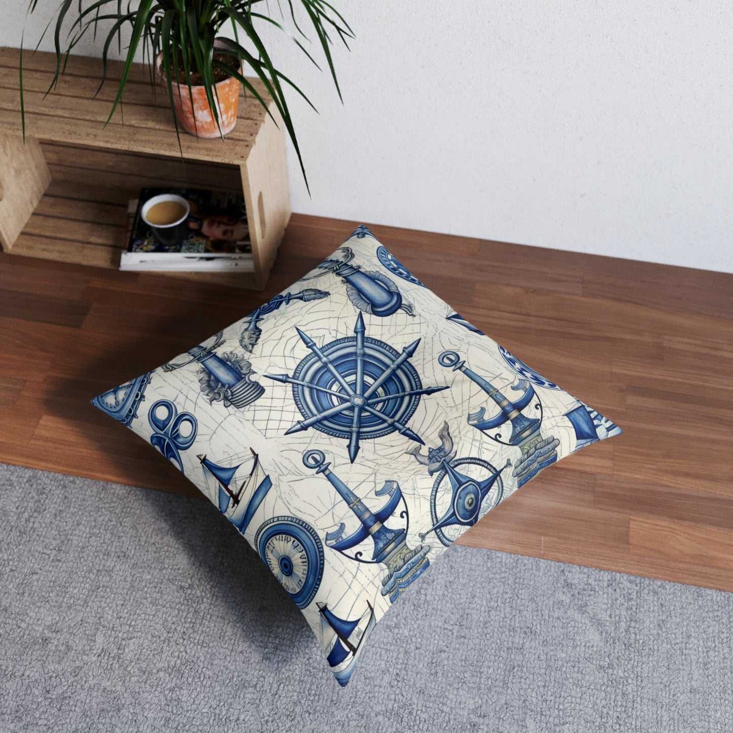 Nautical Theme Art - Anchors, Ropes, Compass Tufted Floor Pillow, Square