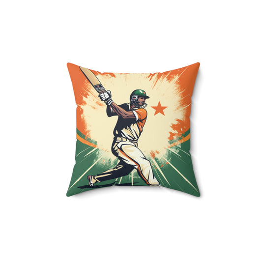 India Cricket Star: Batsman With Willow Bat, National Flag Style - Sport Game - Spun Polyester Square Pillow