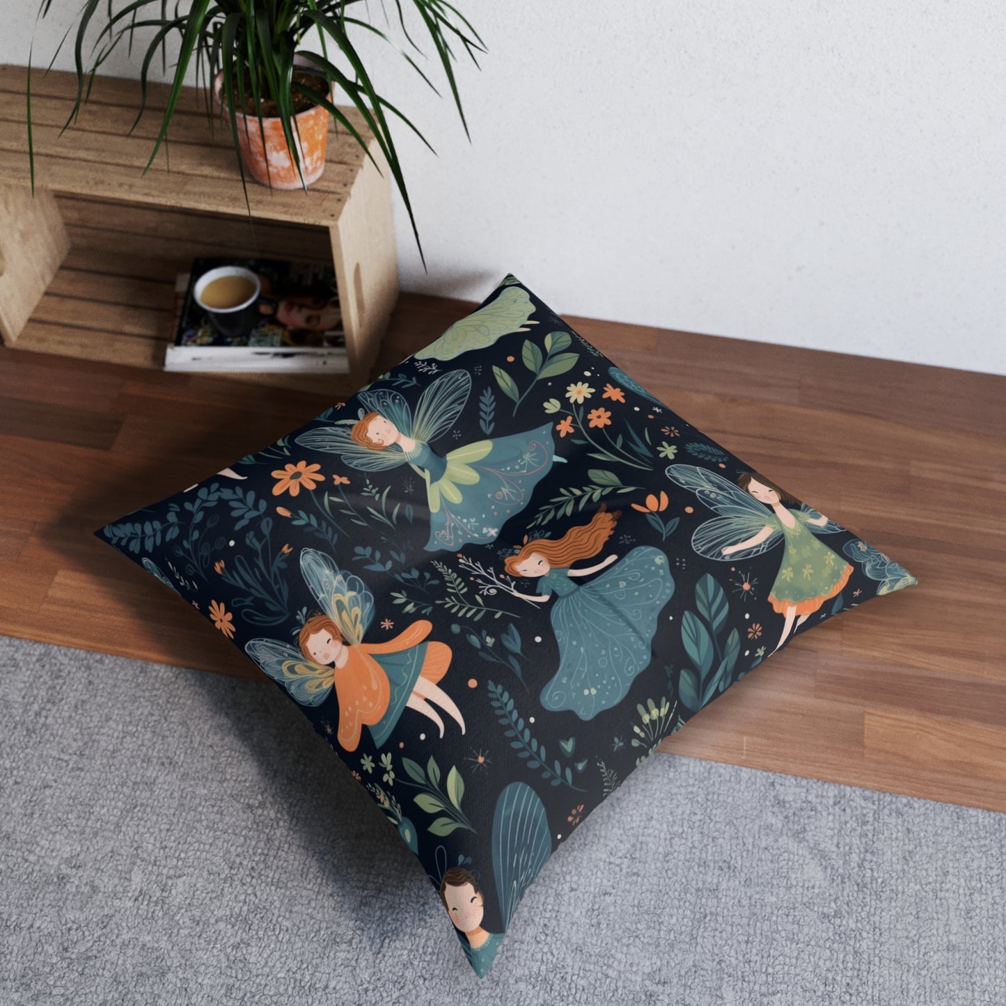 Enchanting Fairy Tale Pattern - Vibrant & Magical Fairies - Tufted Floor Pillow, Square