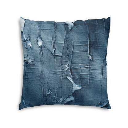 Distressed Blue Denim-Look: Edgy, Torn Fabric Design - Tufted Floor Pillow, Square