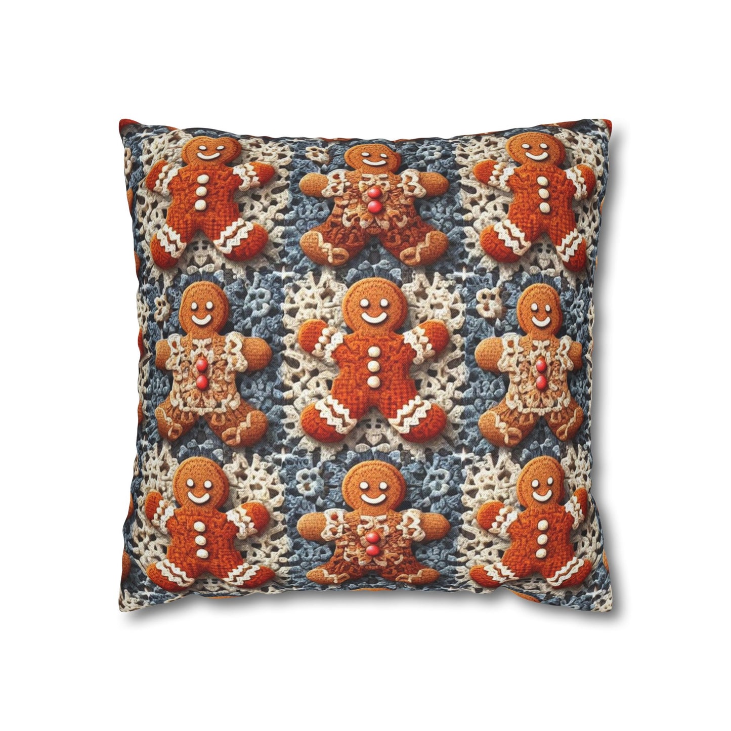 Gingerbread Joy: Whimsical Crocheted Gingerbread Men Pattern with Festive Christmas Accents - Spun Polyester Square Pillow Case