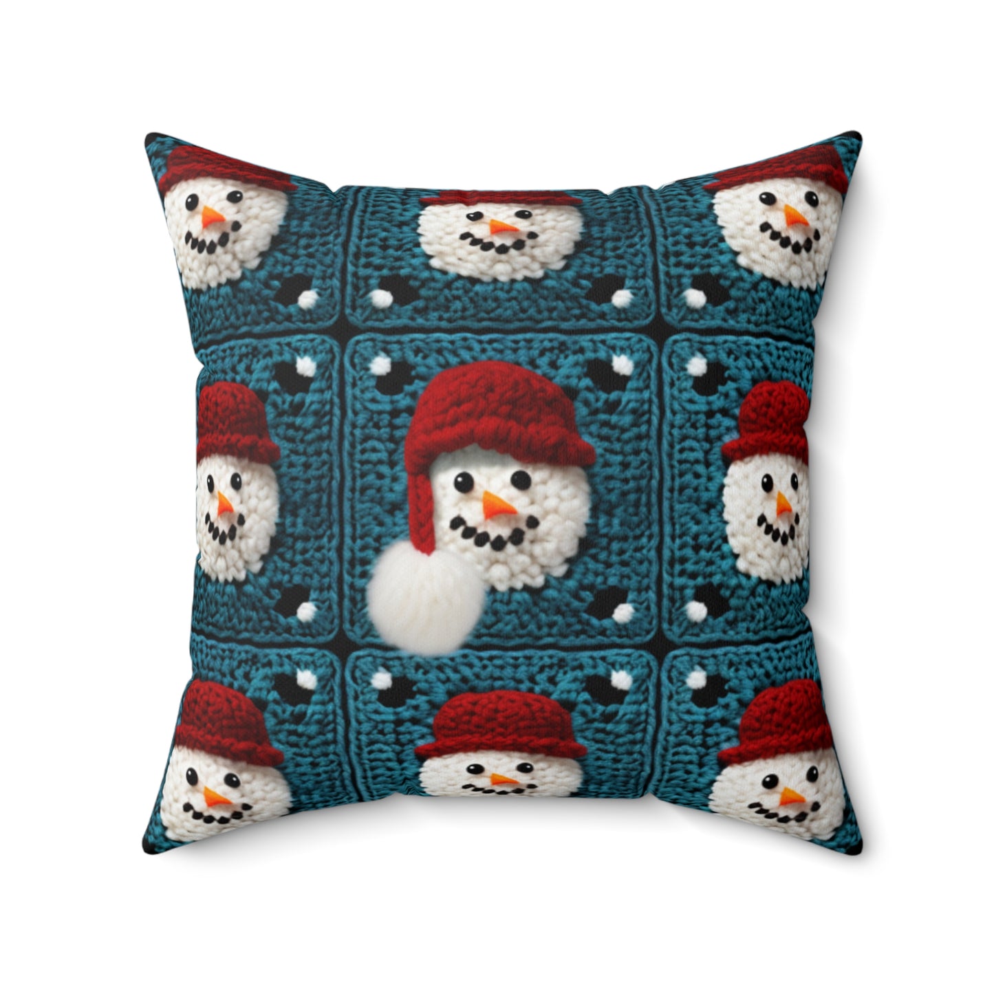 Snowman Crochet Craft, Festive Yuletide Cheer, Winter Wonderland - Spun Polyester Square Pillow