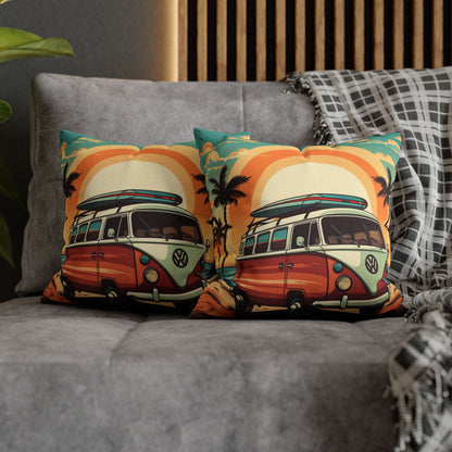 Retro Beach Camper Van - Sunset Surfboard Scene Spun Polyester Square Pillow Case