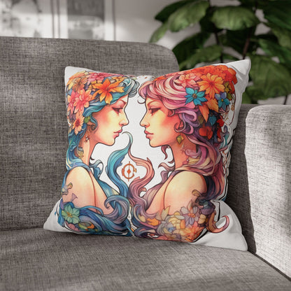 Zodiac Gemini Clipart - Twins Symbol, Whimsical Comic Style - Spun Polyester Square Pillow Case