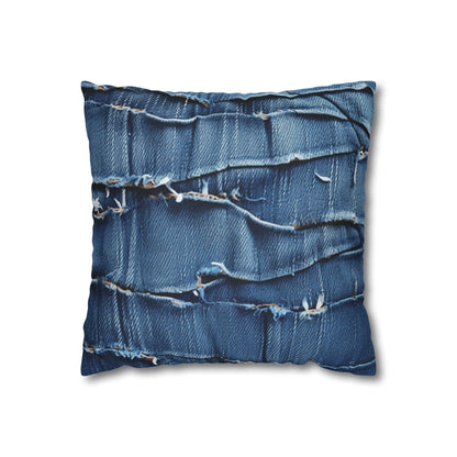 Midnight Blue Distressed Denim: Rugged, Torn & Stylish Design - Spun Polyester Square Pillow Case