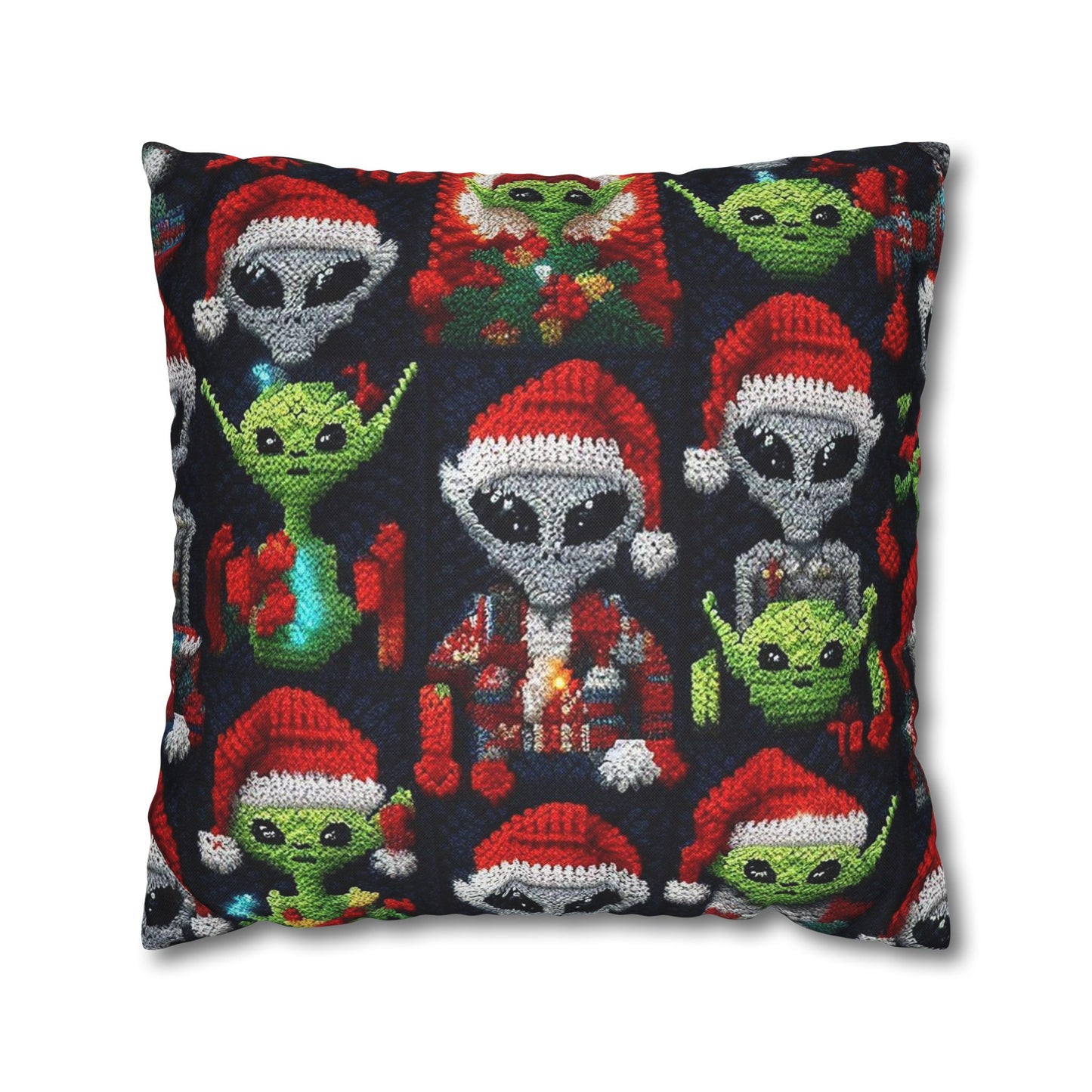 Festive Alien Invasion: Intergalactic Christmas Holiday Cheer with Santa Hats and Seasonal Gifts Crochet Pattern - Spun Polyester Square Pillow Case