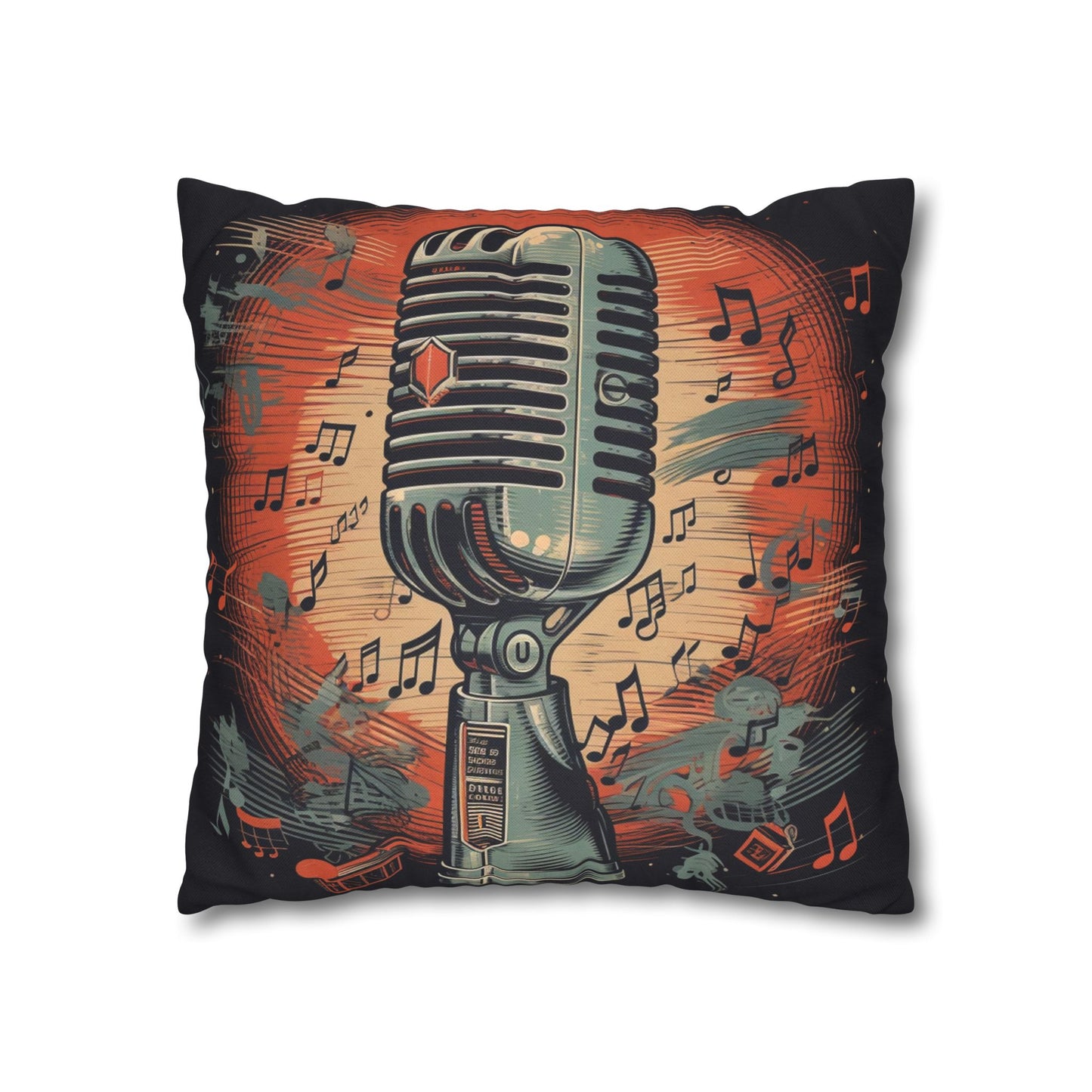 Retro Microphone & Music Notes - Vintage Style Design Spun Polyester Square Pillow Case