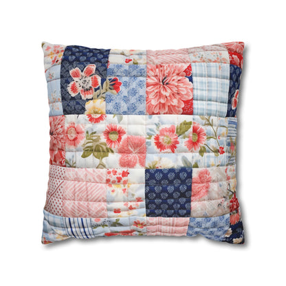 Floral Harmony Quilt, Blossom Patchwork, Blue and Pink Quilted Patterns, Garden Quilt, Soft Pastel Quilting Squares Design - Spun Polyester Square Pillow Case