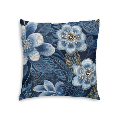 Flower Blossom Embroidery Floral on Denim Style - Tufted Floor Pillow, Square