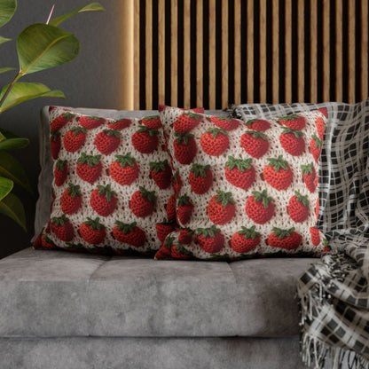 Strawberry Traditional Japanese, Crochet Craft, Fruit Design, Red Berry Pattern - Spun Polyester Square Pillow Case