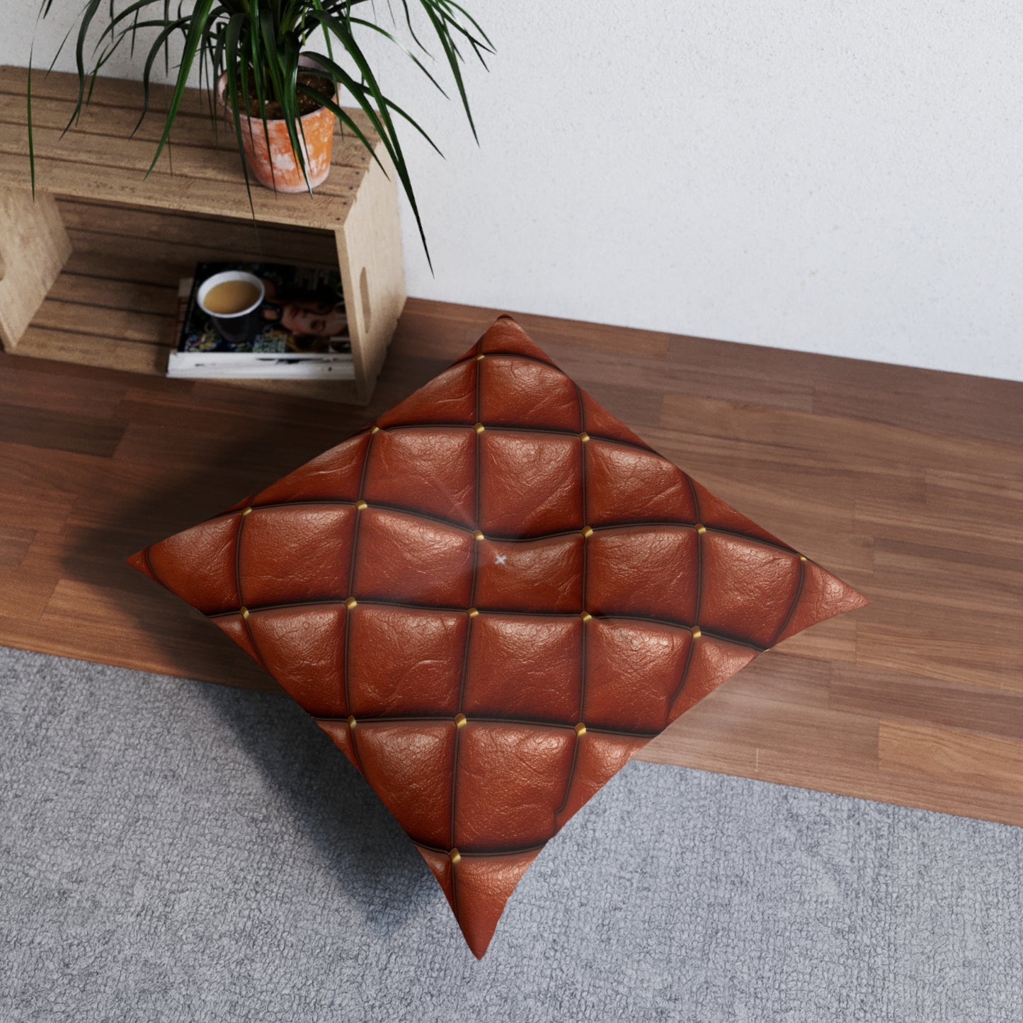 Brown Leather Cognac Pattern Rugged Durable Design Style - Tufted Floor Pillow, Square