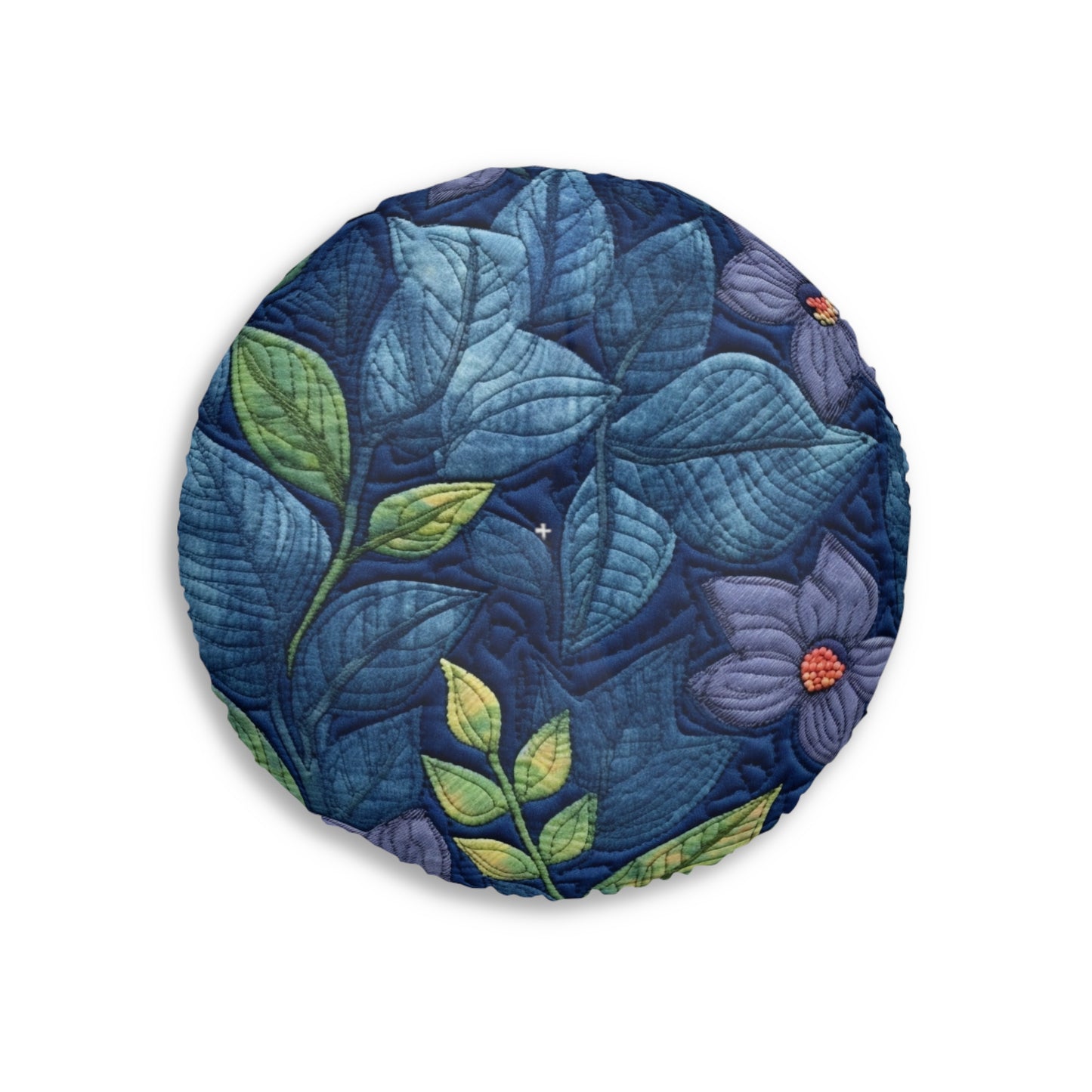 Floral Embroidery Blue: Denim-Inspired, Artisan-Crafted Flower Design - Tufted Floor Pillow, Round