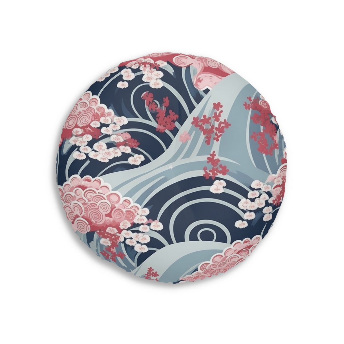 Japanese Minimalist Waves & Cherry Blossoms Pattern Tufted Floor Pillow, Round