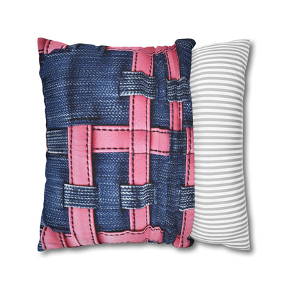 Candy-Striped Crossover: Pink Denim Ribbons Dancing on Blue Stage - Spun Polyester Square Pillow Case