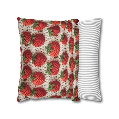 Strawberry Traditional Japanese, Crochet Craft, Fruit Design, Red Berry Pattern - Spun Polyester Square Pillow Case