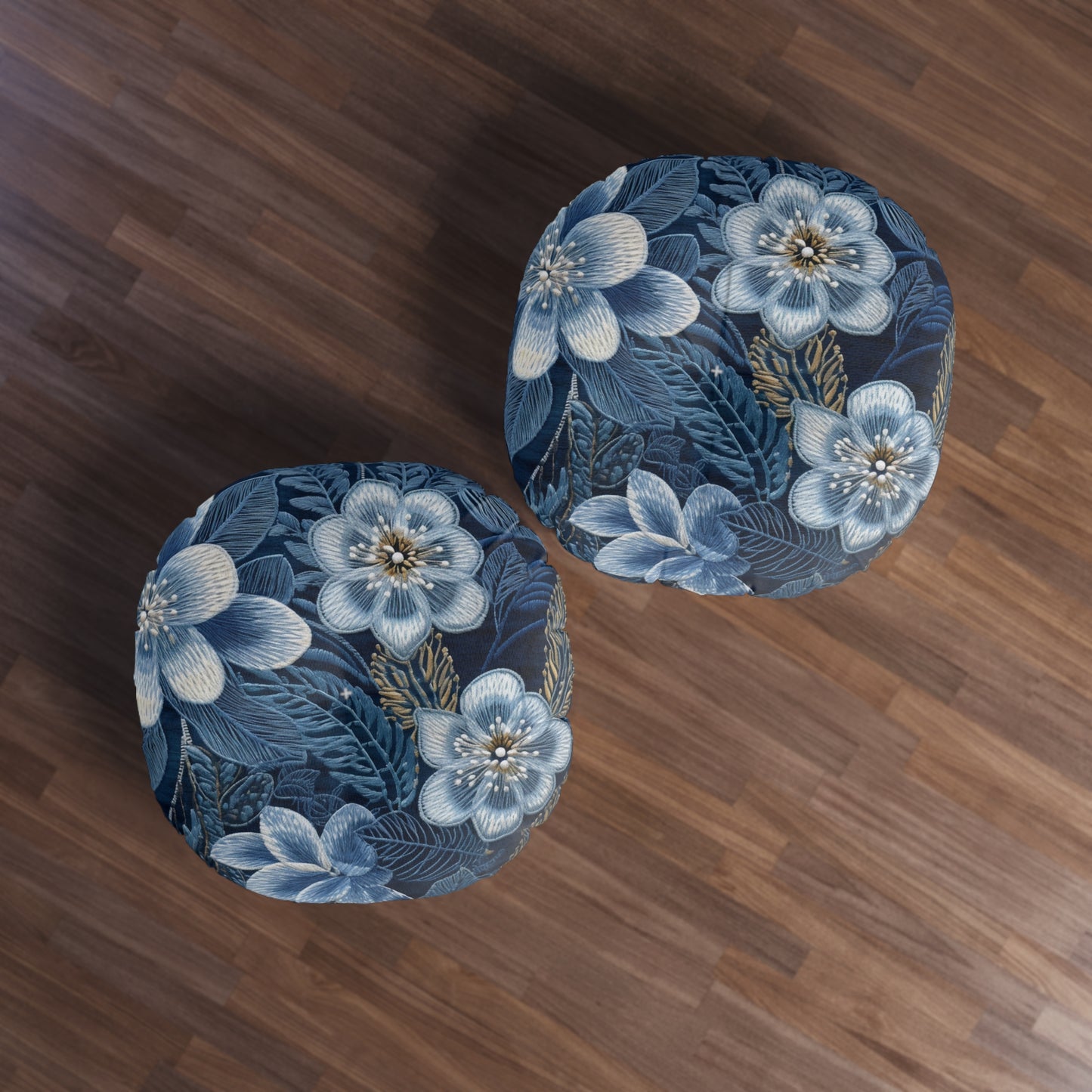 Flower Blossom Embroidery Floral on Denim Style - Tufted Floor Pillow, Round