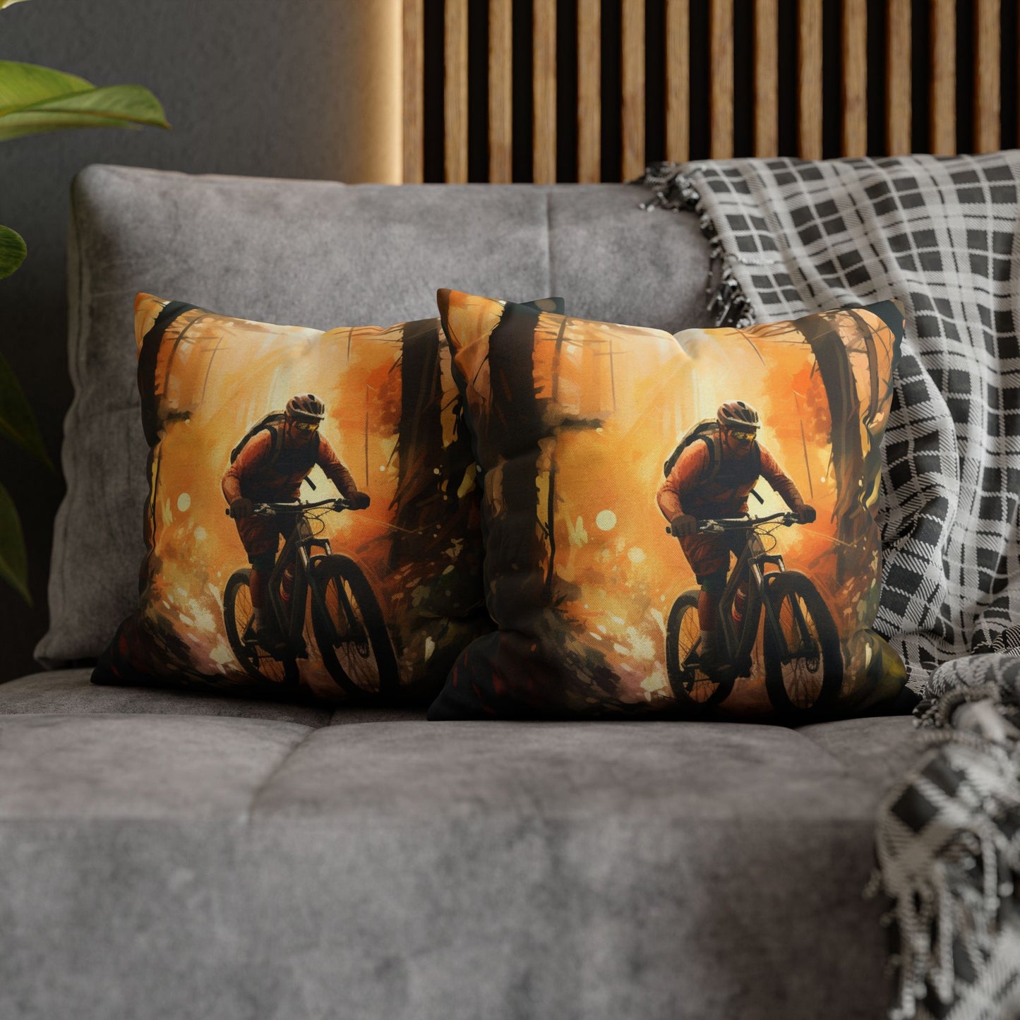 Mountain Bike Adventure - Forest Trail Graphic Spun Polyester Square Pillow Case