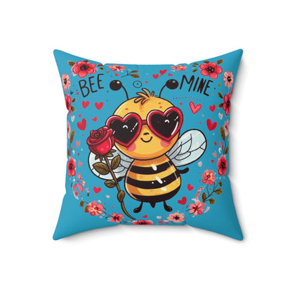 Whimsical Bee Love: Heartfelt Valentines Design with Floral Accents and Heart Sunglasses - Romantic - Spun Polyester Square Pillow