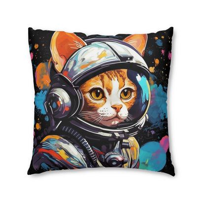 Astro Cat Adventure Feline - Pop Art, Floating in Cosmic Space - Tufted Floor Pillow, Square