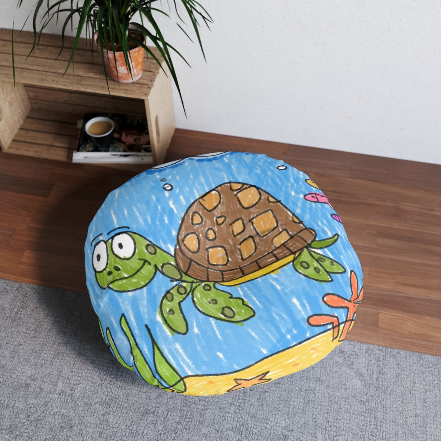 Sea Turtle Beach Sand Ocean Tufted Floor Pillow, Round