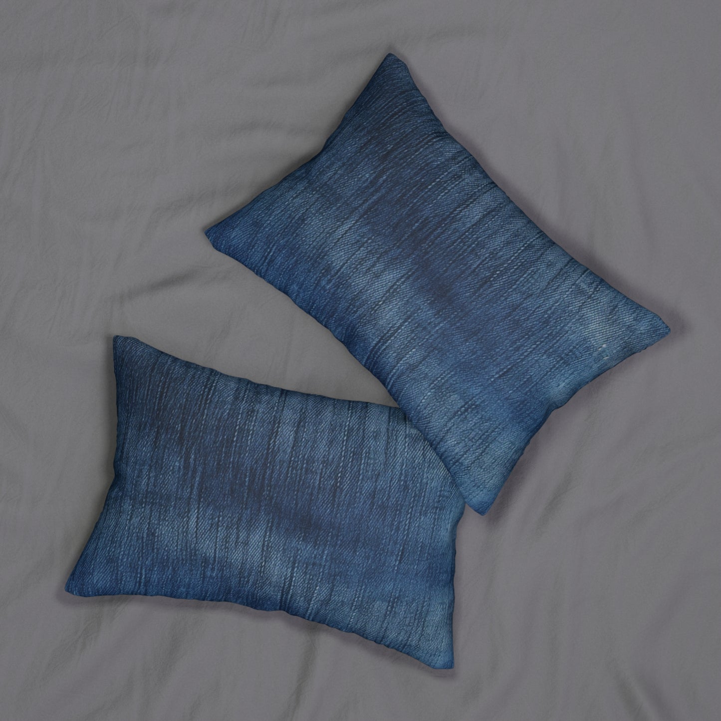 Indigo Splash: Washed Denim Reverie in Deep Blue - Spun Polyester Lumbar Pillow