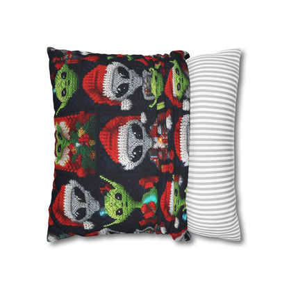 Festive Alien Invasion: Intergalactic Christmas Holiday Cheer with Santa Hats and Seasonal Gifts Crochet Pattern - Spun Polyester Square Pillow Case