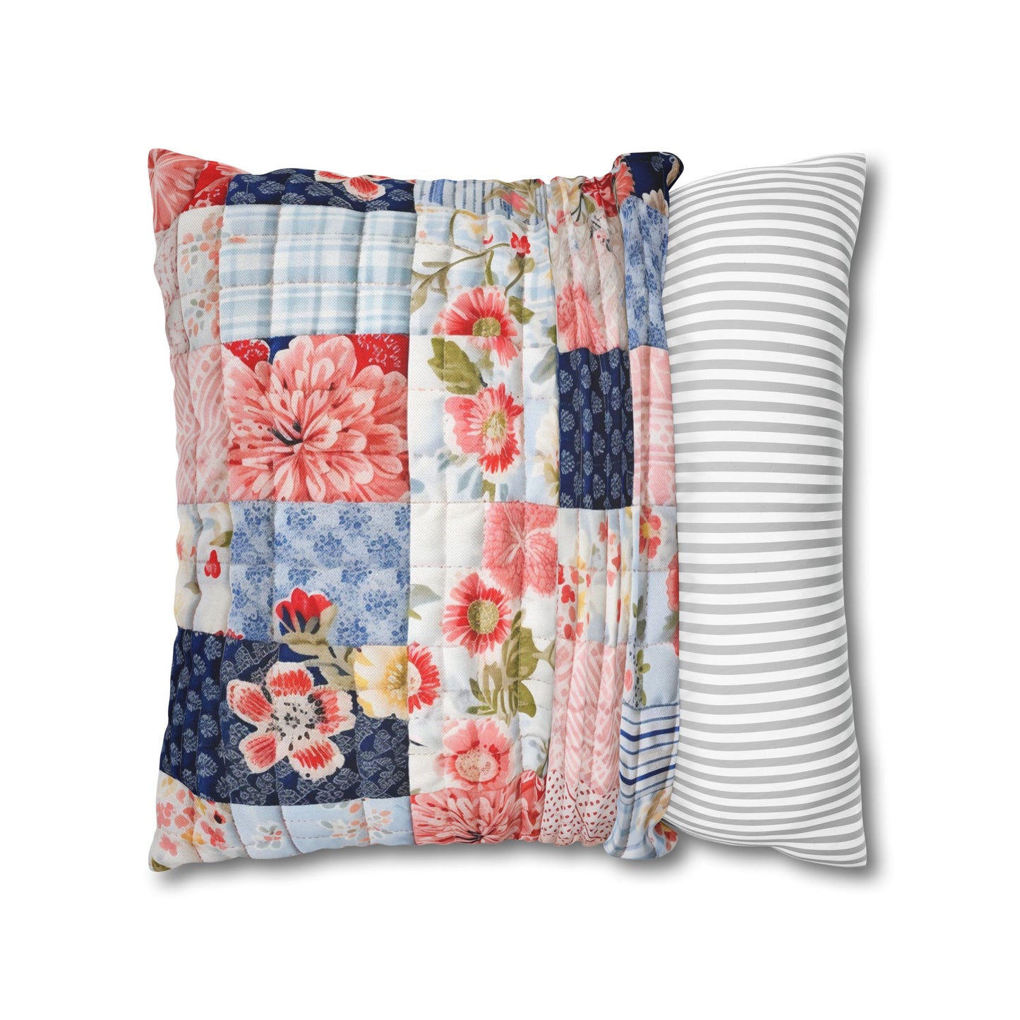 Floral Harmony Quilt, Blossom Patchwork, Blue and Pink Quilted Patterns, Garden Quilt, Soft Pastel Quilting Squares Design - Spun Polyester Square Pillow Case