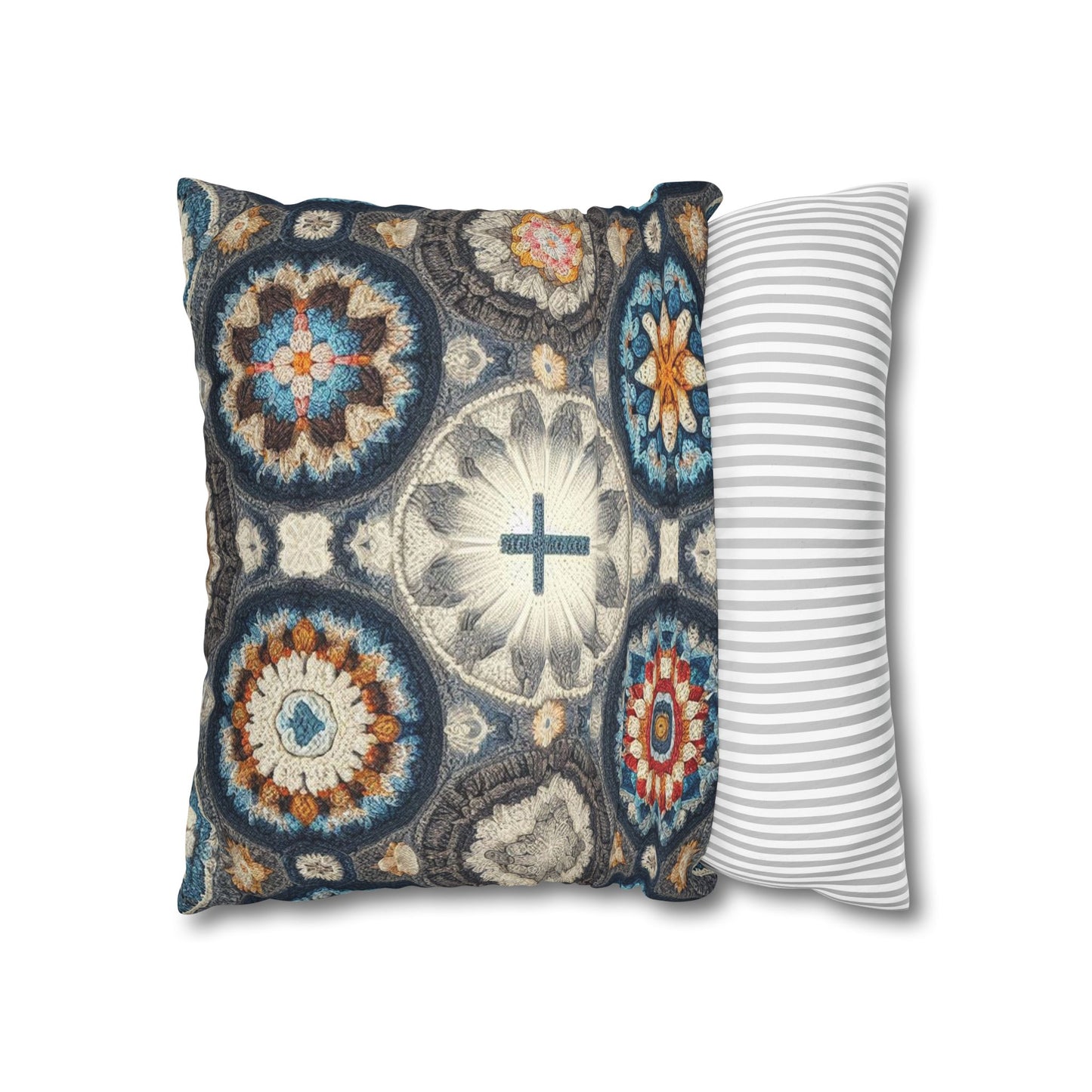 Bohemian Crochet Mandala with Centered Christian Cross - Earthy Tones Mosaic - Spun Polyester Square Pillow Case