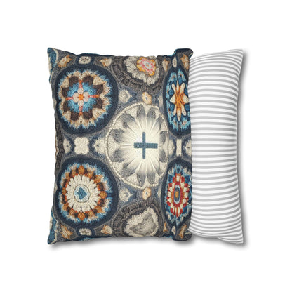 Bohemian Crochet Mandala with Centered Christian Cross - Earthy Tones Mosaic - Spun Polyester Square Pillow Case