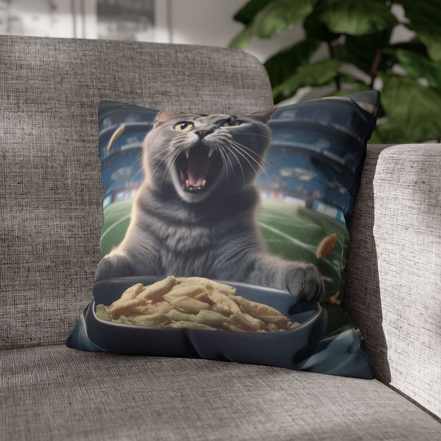 Halftime Football Feline: Screaming Sports Fan Cat Stadium Food Kitten - Spun Polyester Square Pillow Case