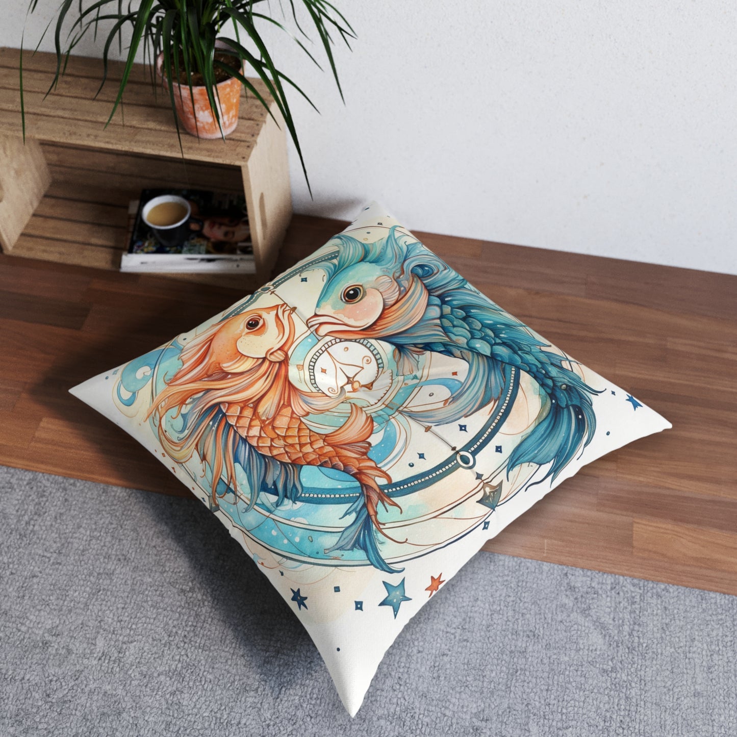 Pisces Zodiac Horoscope - Starry Watercolor & Ink, Hyper-Detailed Fish Tufted Floor Pillow, Square