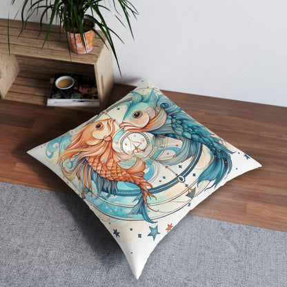 Pisces Zodiac Horoscope - Starry Watercolor & Ink, Hyper-Detailed Fish Tufted Floor Pillow, Square