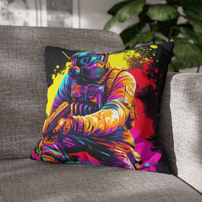 Paintball Action Sport: Player in Battle, Paint Splatter - Spun Polyester Square Pillow Case