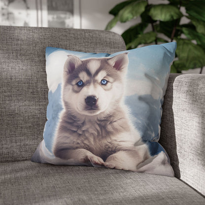 Husky Puppy Winter Wonder - Snowy Mountain Backdrop Spun Polyester Square Pillow Case