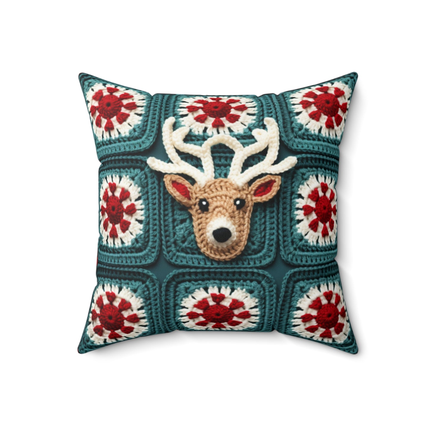 Christmas Reindeer Crochet, Wintry Wonderland Design, Festive Stag Motif. Embrace the Holiday Spirit - Spun Polyester Square Pillow