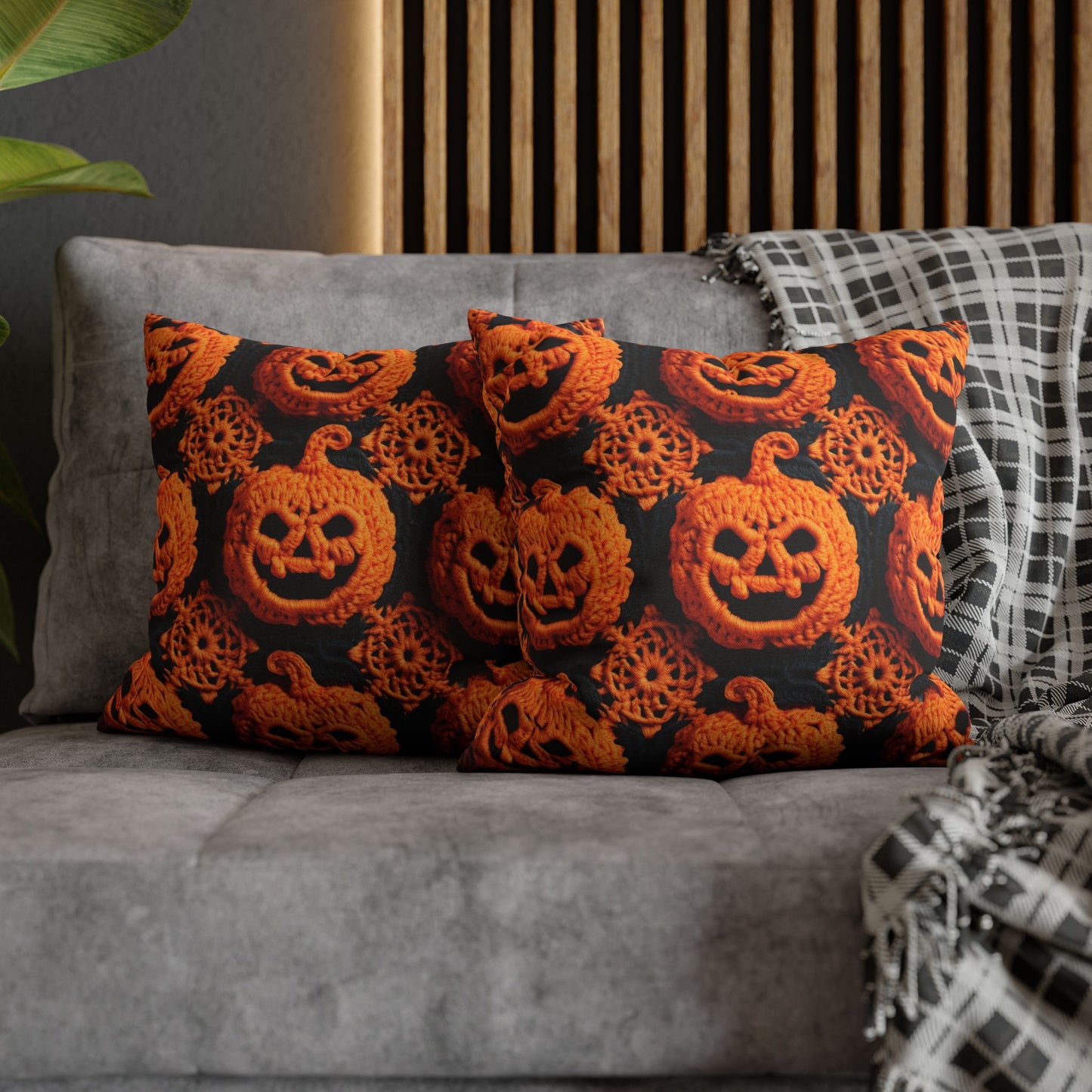 Halloween Crochet Pumpkin Scary Horror Festive Holiday Pattern - Spun Polyester Square Pillow Case