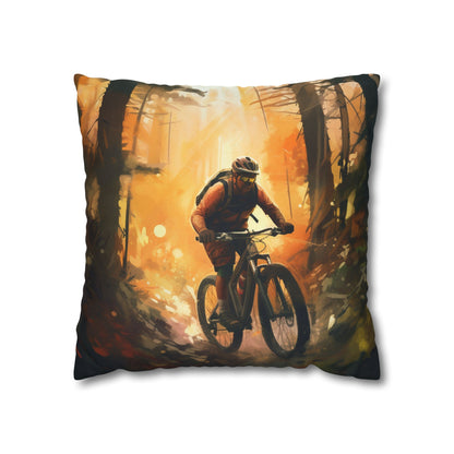 Mountain Bike Adventure - Forest Trail Graphic Spun Polyester Square Pillow Case