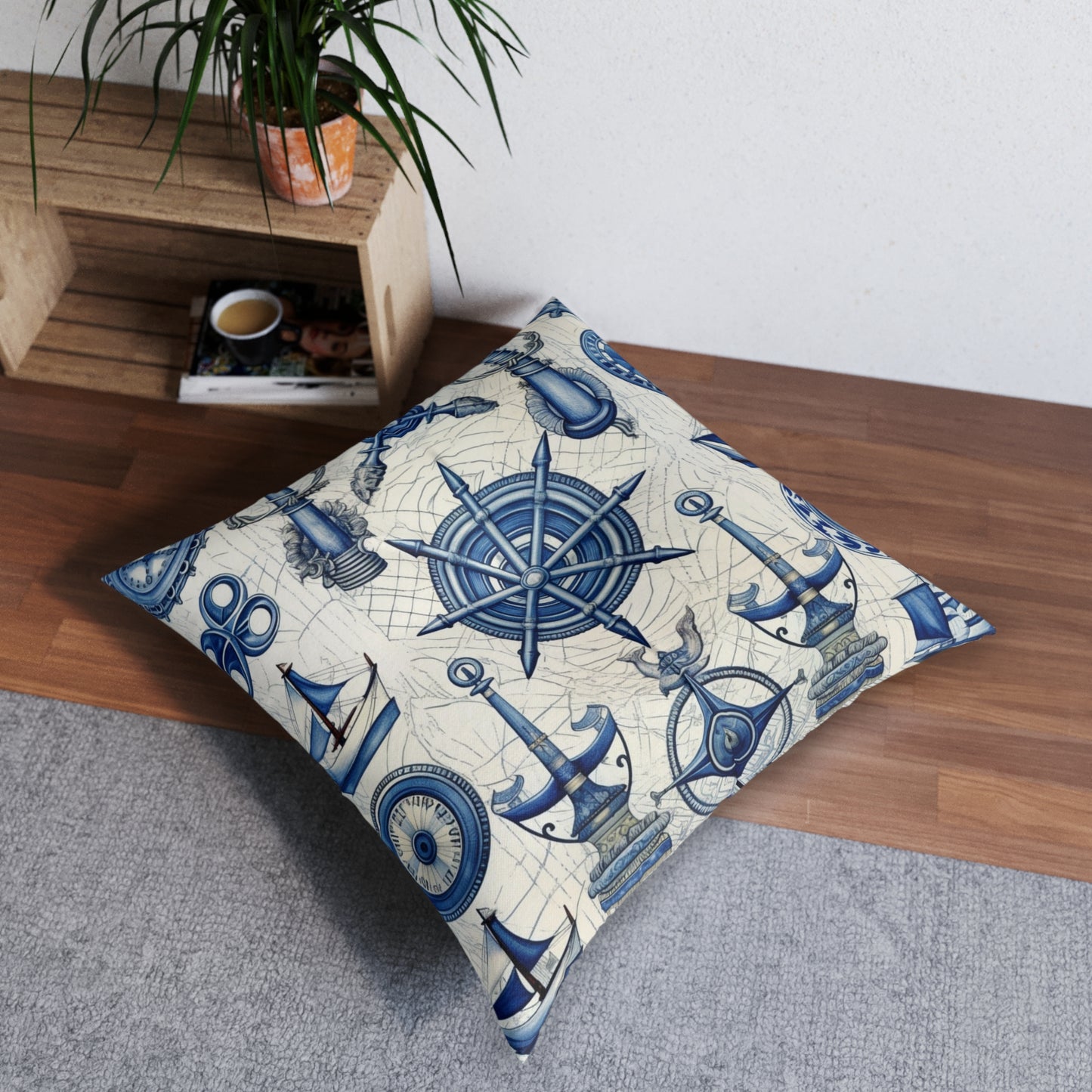 Nautical Theme Art - Anchors, Ropes, Compass Tufted Floor Pillow, Square