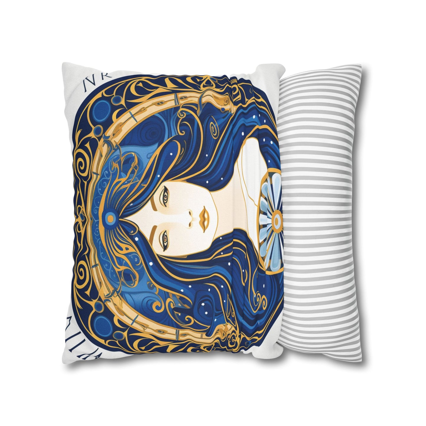 Virgo Zodiac Circular Symmetry in Gold Royal Blue - Spun Polyester Square Pillow Case