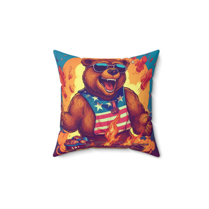 Grill Like a Patriot: Celebrate 4th of July with Patriotic Bear's Culinary Chef Spun Polyester Square Pillow