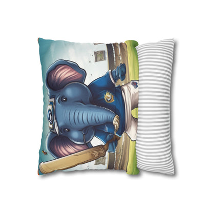 India Elephant Cricket Sport Star: Pitch, Run, Stump Game - Animated Charm - Spun Polyester Square Pillow Case