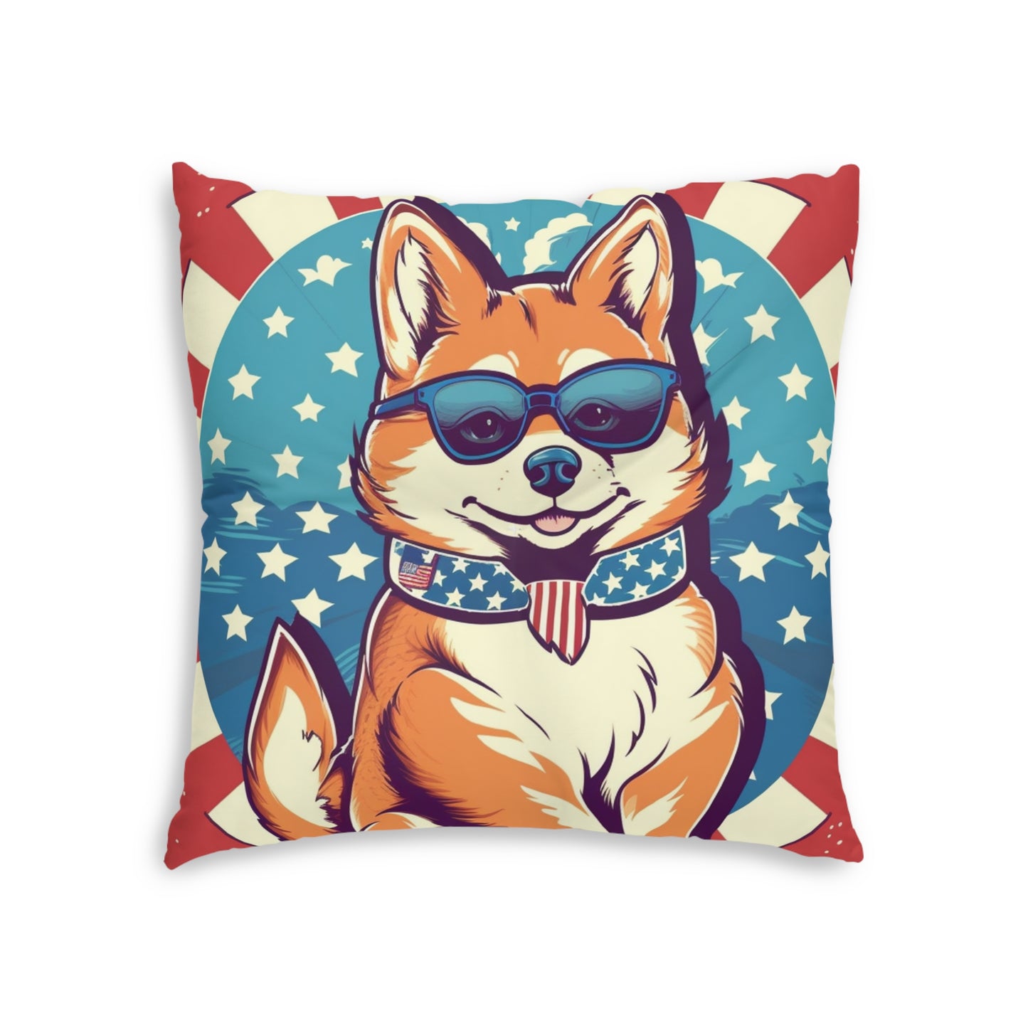 Patriotic Shiba Inu Retro Cartoon -Synthwave Summer Animation Tufted Floor Pillow, Square