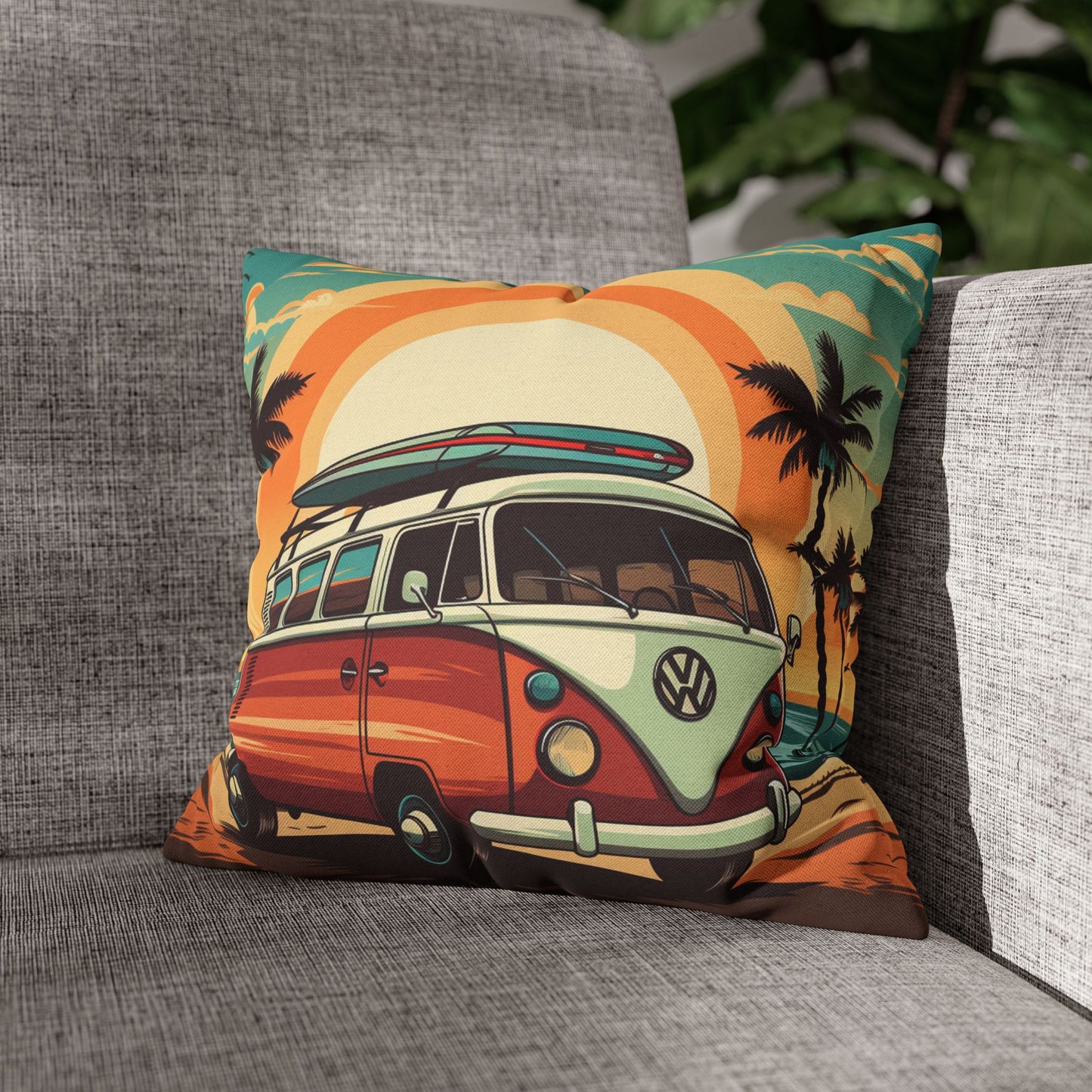 Retro Beach Camper Van - Sunset Surfboard Scene Spun Polyester Square Pillow Case