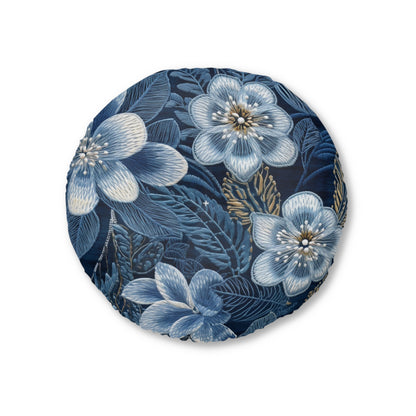 Flower Blossom Embroidery Floral on Denim Style - Tufted Floor Pillow, Round